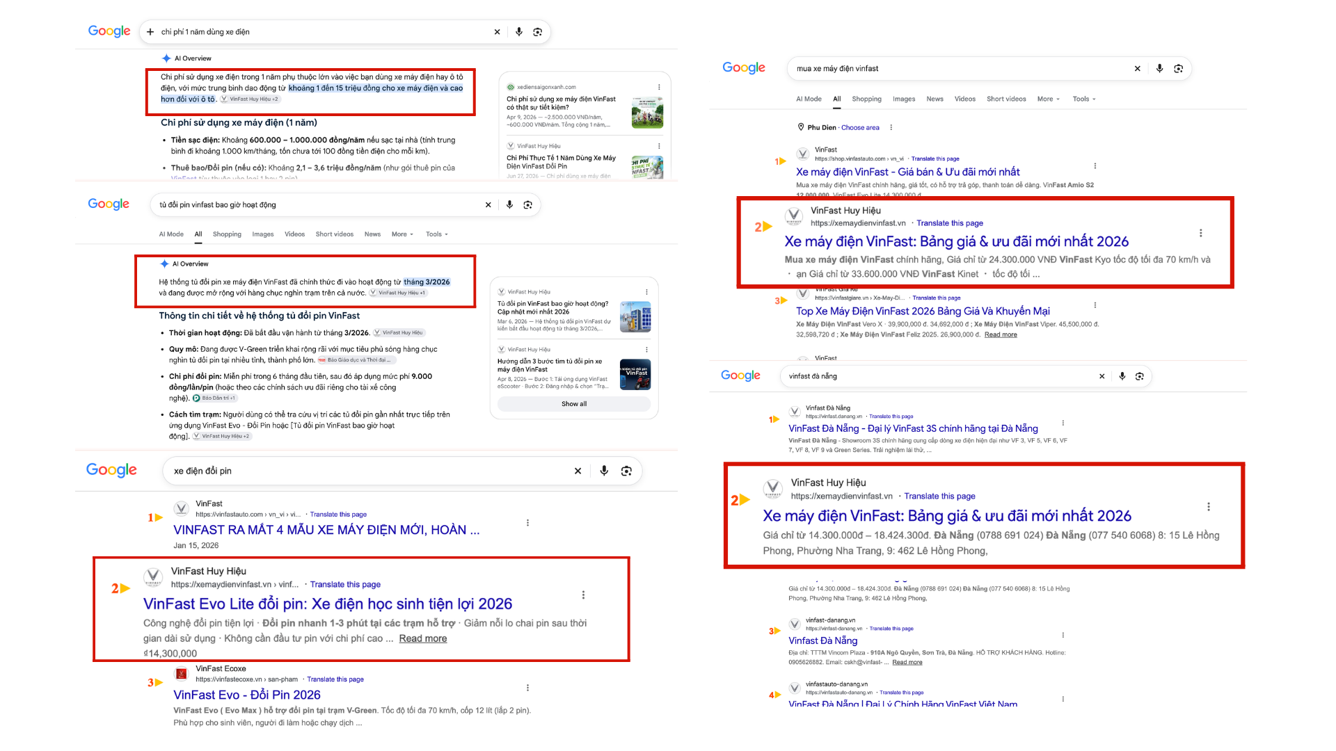 Kết quả SEO và AEO của website VinFast Huy Hiệu trên Google Search